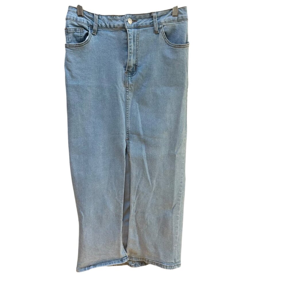 Denim Midi Skirt With Front Slit Blue Cotton Blend Stretch Boho Festival‎ Size M
